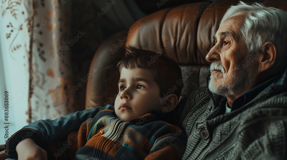 Portrait of happy grandfather and grandson at home : Generative AI Portrait of happy grandfather and grandson at home : Generative AI