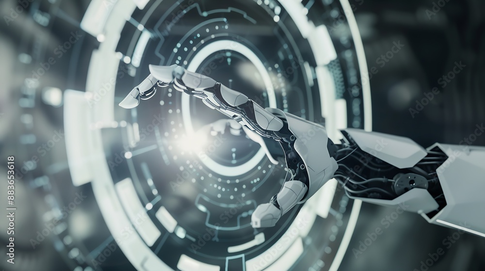 Fototapeta premium Blurred White Robot Cyborg Man with Hand Touching on Motion Hi Tech Circle Interface HUD Suitable for Technology Concept : Generative AI
