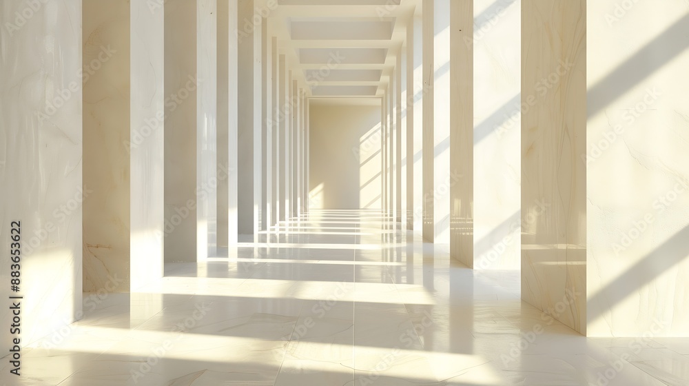 Interior of empty spacious loft hallway with geometrical shadows and sunlight on white walls : Generative AI Interior of empty spacious loft hallway with geometrical shadows and sunlight on white walls : Generative AI