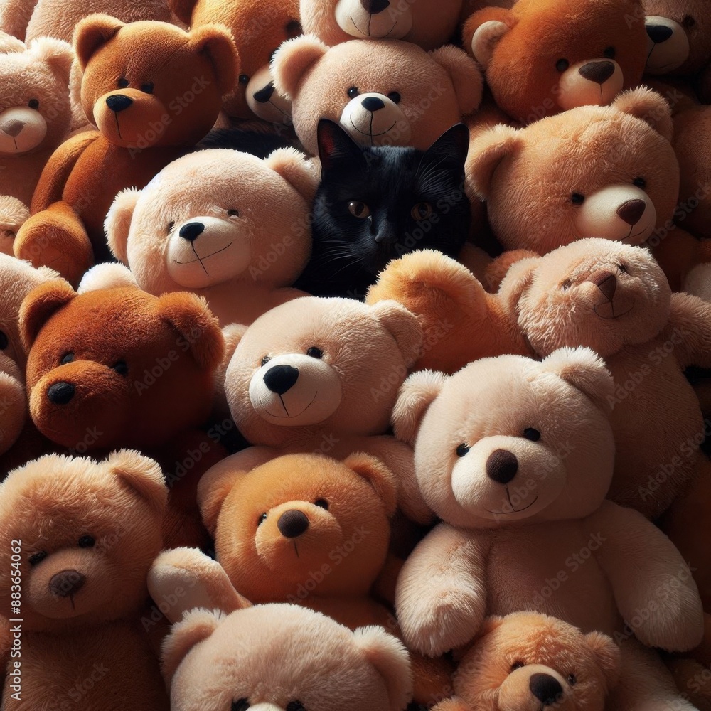 black cat in hide in the teddy bear