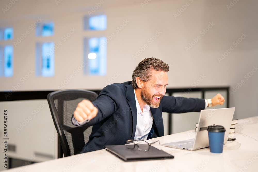 Business worker with laptop at office. Employee remote working in modern office. Business man on online meeting. Excited business man working online. Mature business man using laptop at workplace. Business worker with laptop at office. Employee remote working in modern office. Business man on online meeting. Excited business man working online. Mature business man using laptop at workplace.
