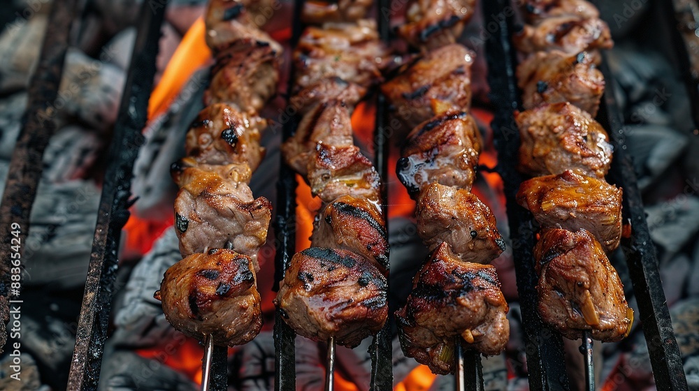 Succulent meat skewers sizzling over an open flame Succulent meat skewers sizzling over an open flame