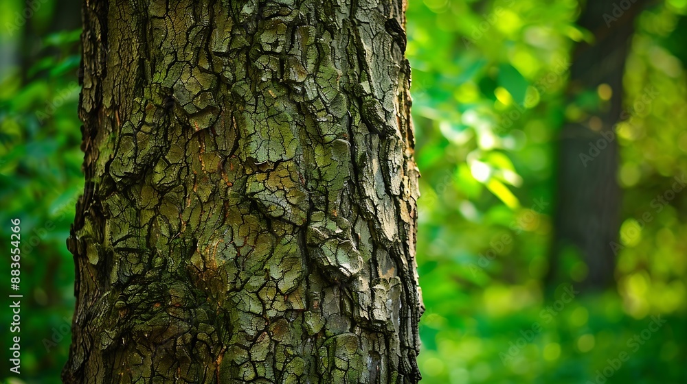 Obraz premium Closeup of a tree trunk with detailed bark texture in a vibrant green forest setting : Generative AI