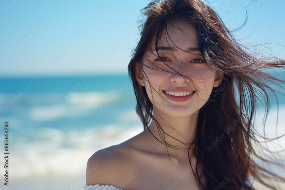 Beautiful Japanese woman with long hair, smiling and looking at the camera against an ocean backdrop. Beautiful Japanese woman with long hair, smiling and looking at the camera against an ocean backdrop.