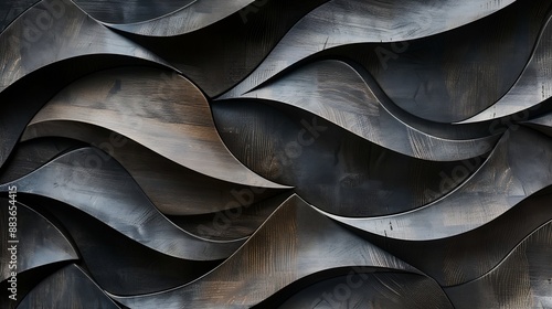 Wood wall geometry decoration background wood shape wooden 3d panel smooth wave paneling black architectural beige vintage hardwood art halfround : Generative AI photo