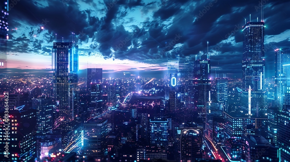 custom made wallpaper toronto digitalPanoramic urban architecture cityscape with space and neon light effects Modern hitech science futuristic technology concept Abstract digital hightech city design for banner background : Generative AI