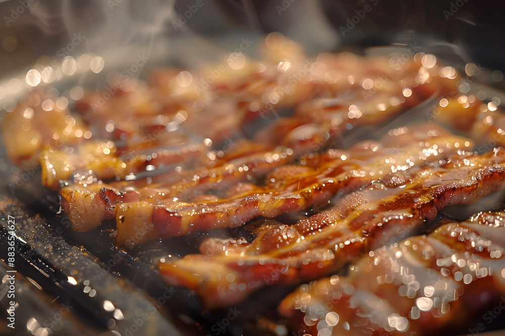 Close-Up of Crispy Artisanal Bacon Strips Sizzling in Frying Pan - Perfect Balance of Fat and Meat for Delicious Breakfast Close-Up of Crispy Artisanal Bacon Strips Sizzling in Frying Pan - Perfect Balance of Fat and Meat for Delicious Breakfast