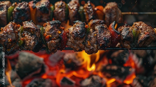 Succulent meat skewers grilled to perfection over an open fire photo