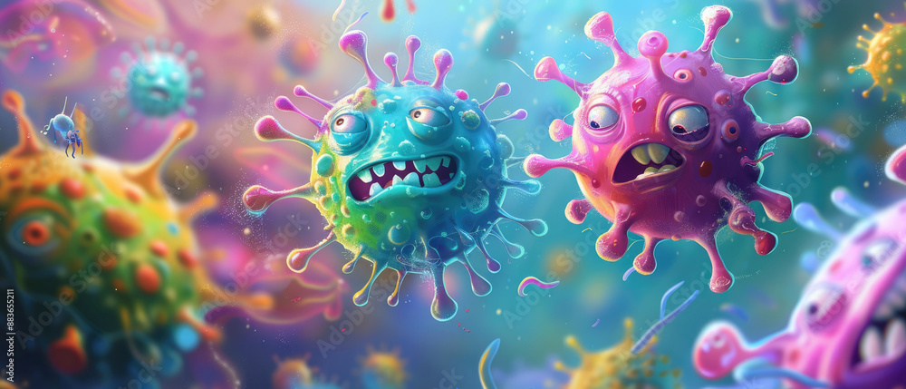 Cute colorful virus monsters. looking microscopic medical illustration of some cells floating around Cute colorful virus monsters. looking microscopic medical illustration of some cells floating around