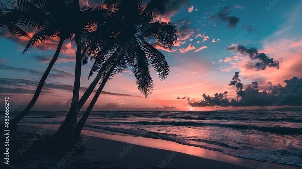 Obraz premium Best most exotic travel landscape Majestic sunset beach Coconut palm tree silhouettes fantastic colorful sky clouds Closeup waves sand Stunning tropical nature scene panoramic island p : Generative AI