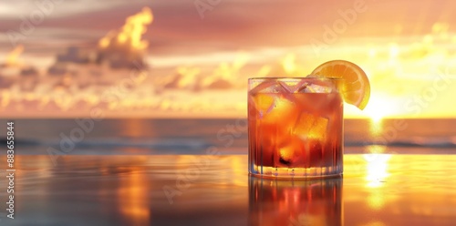 Lineup of vivid, multi-colored drinks set against the backdrop of a breathtaking sunset, creating a serene, picturesque scene