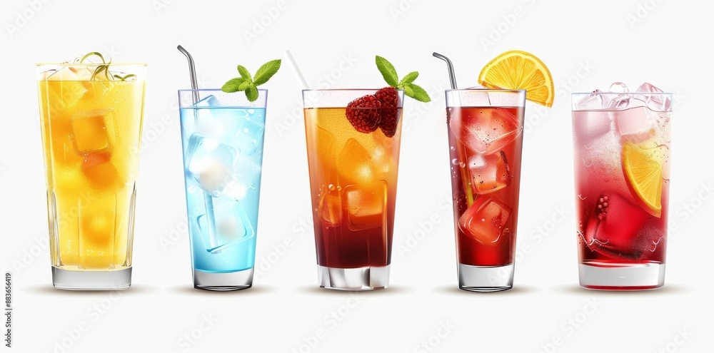 Three distinct drinks, adorned with an assortment of ice cubes and complementary fruit garnishes, creating a vibrant, thirst-quenching display Three distinct drinks, adorned with an assortment of ice cubes and complementary fruit garnishes, creating a vibrant, thirst-quenching display