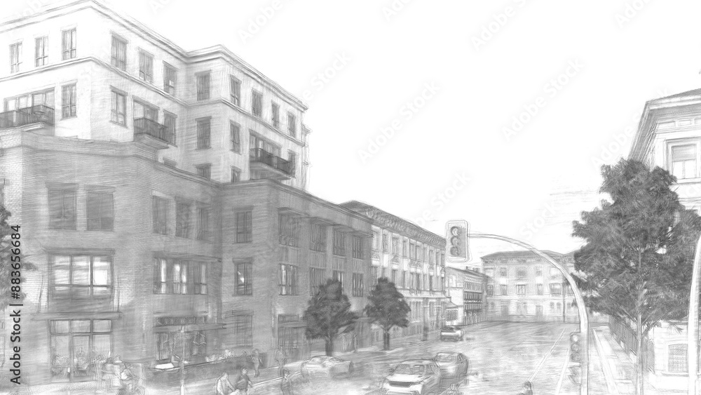 Obraz premium Black and white sketch of city streets at traffic lights with a background of multi-storey buildings and city people's activities