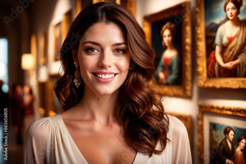 Elegant woman in luxury art gallery, sophisticated wealthy socialite fashion lifestyle