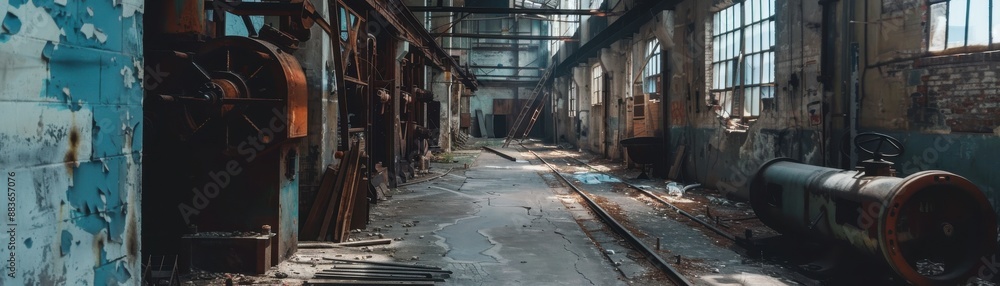 Abandoned factory interior close up, focus on, copy space Rusted machinery, Double exposure silhouette with history Abandoned factory interior close up, focus on, copy space Rusted machinery, Double exposure silhouette with history