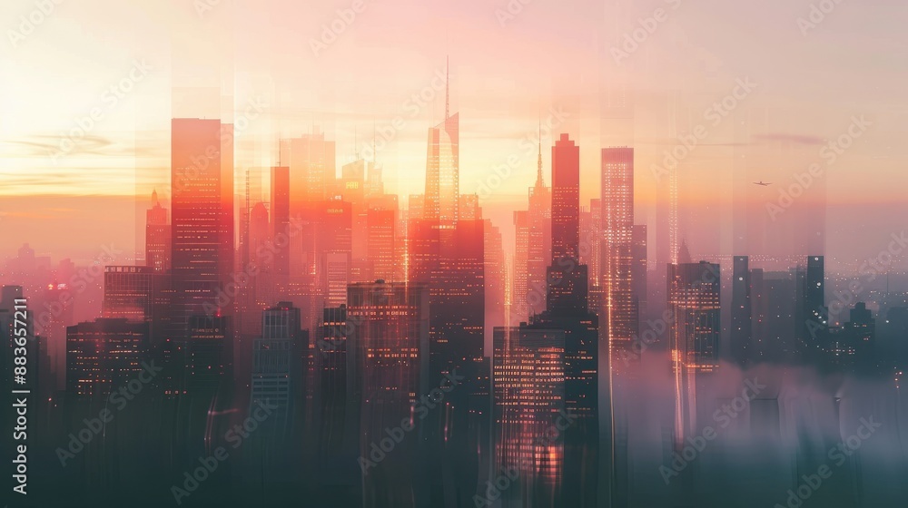 Financial district skyline close up, focus on, copy space Majestic towers, Double exposure silhouette with commerce Financial district skyline close up, focus on, copy space Majestic towers, Double exposure silhouette with commerce