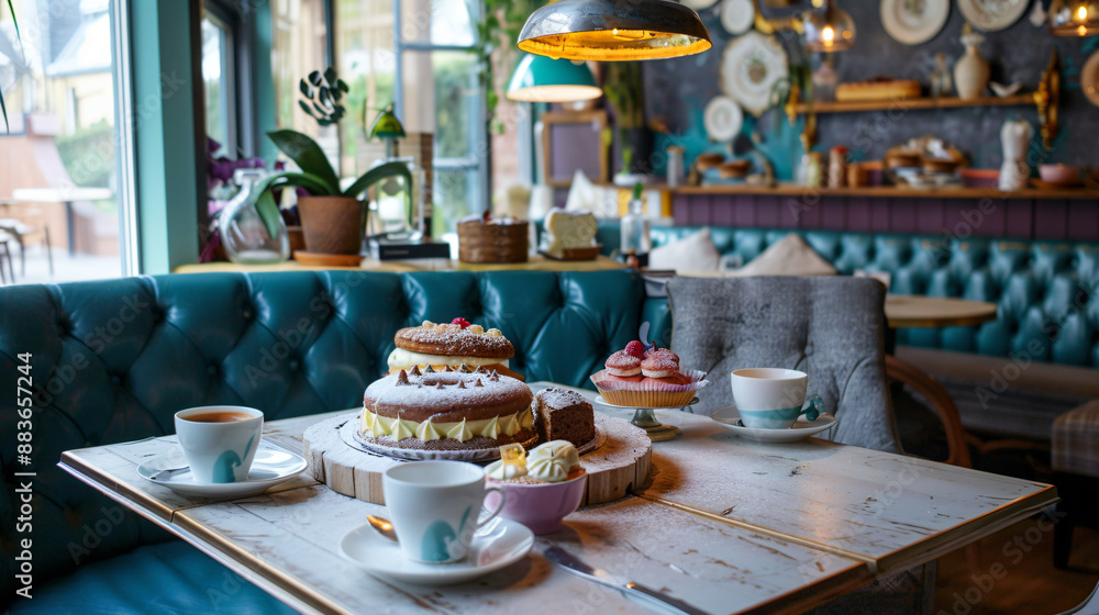 Afternoon Tea with Cakes and Coffee in a Cozy Cafe. Afternoon Tea with Cakes and Coffee in a Cozy Cafe.