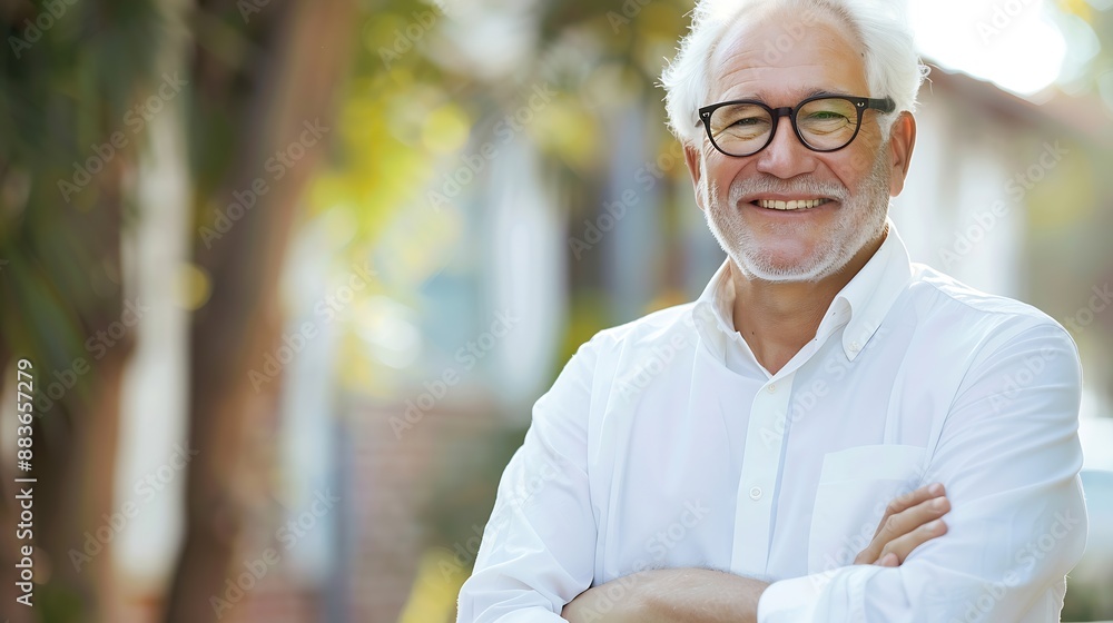 Confident happy mature older business man leader smiling middle aged senior old professional businessman wearing white shirt glasses crossed arms looking at camera standing outside por : Generative AI Confident happy mature older business man leader smiling middle aged senior old professional businessman wearing white shirt glasses crossed arms looking at camera standing outside por : Generative AI