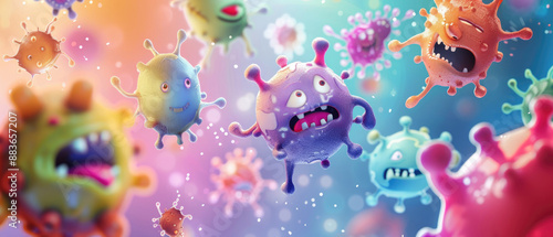 Cute colorful virus monsters. looking microscopic medical illustration of some cells floating around