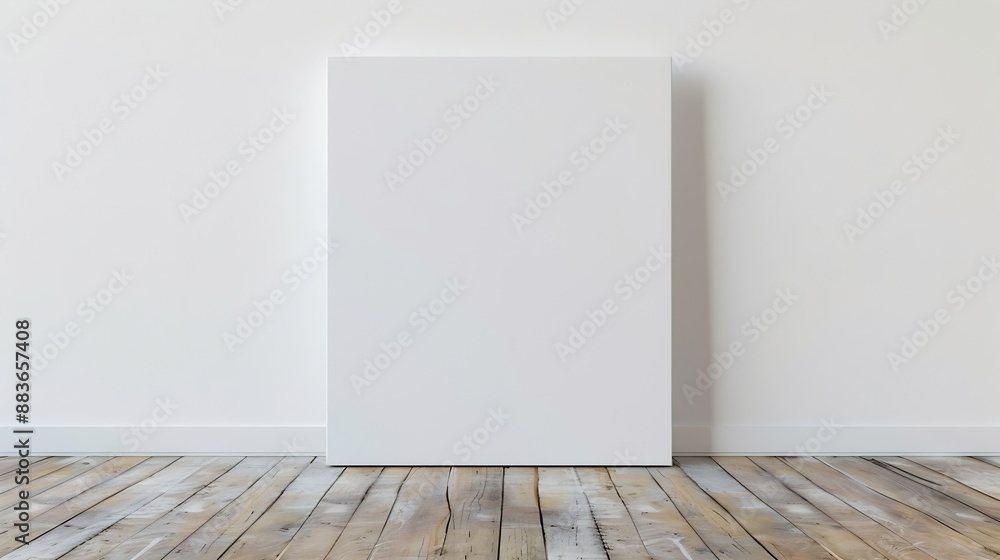 A blank canvas on a white wall with wooden floor : Generative AI A blank canvas on a white wall with wooden floor : Generative AI