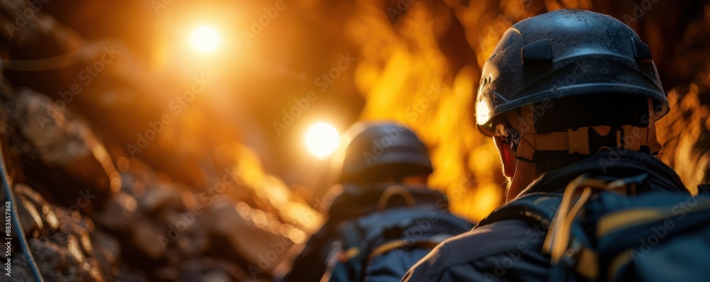 Miners working in a dimly lit underground tunnel with safety helmets and equipment. Captured in a warm, glowing light. Miners working in a dimly lit underground tunnel with safety helmets and equipment. Captured in a warm, glowing light.