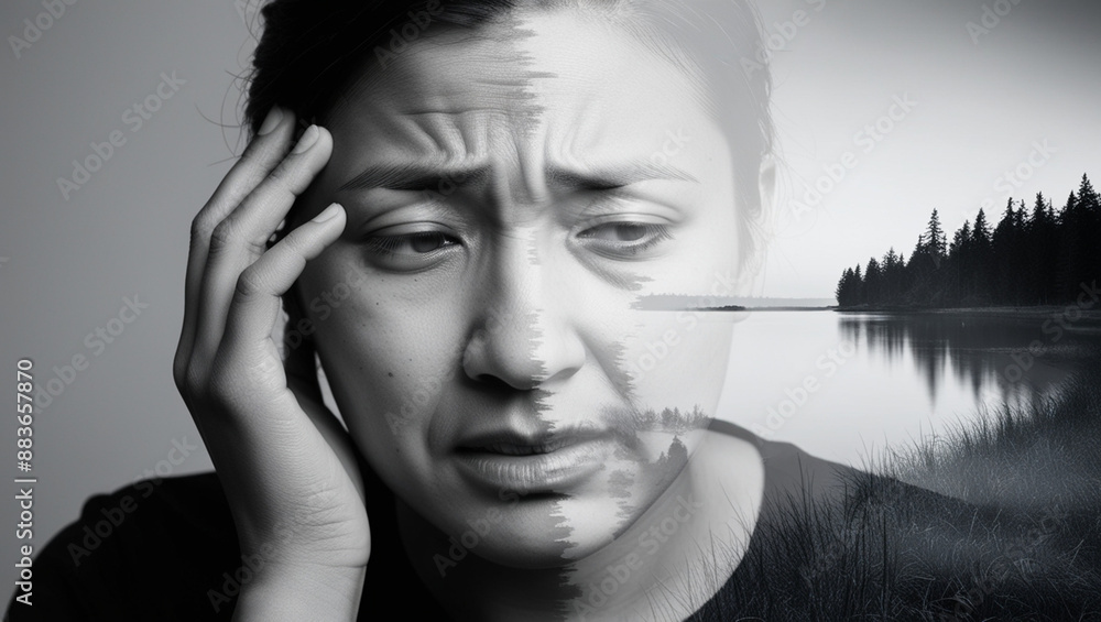 Obraz premium Woman Battling Inner Turmoil with Nature Landscape Overlay