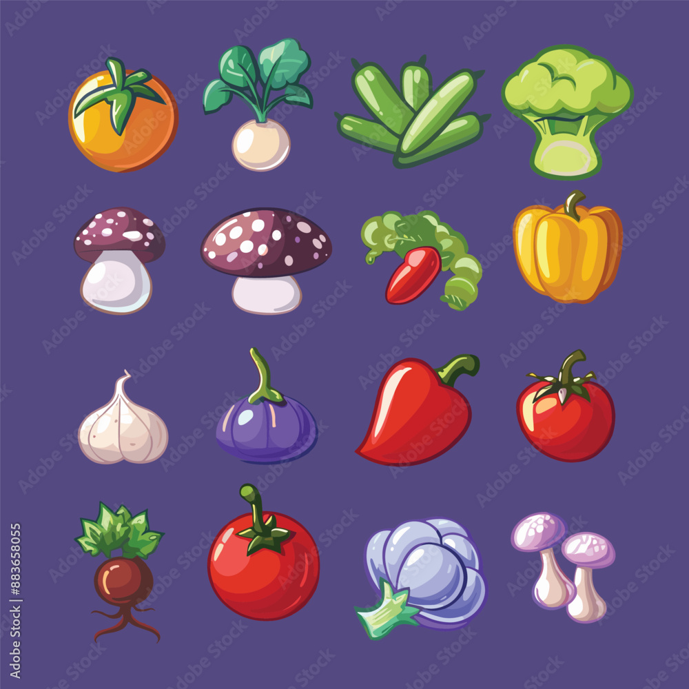 Fototapeta premium Colorful Cartoon Vegetables and Mushrooms Set for Game Design