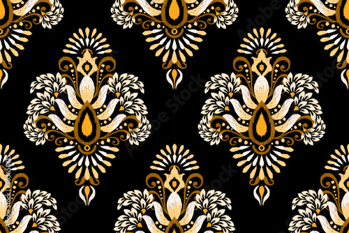 Seamless Ikat floral pattern on black background,Ikat design embroidered vector illustration.design for texture,fabric,clothing,decoration,print.