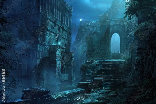 Mysterious Gothic Castle Ruins in Moonlight