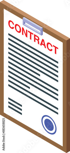Clipboard with contract isometric, agreement or legal document is being prepared for signing