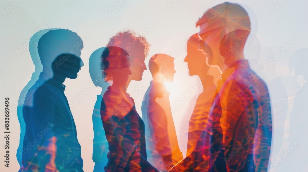 Handshake with diverse individuals close up, focus on, copy space Inclusive collaboration, Double exposure silhouette with unity Handshake with diverse individuals close up, focus on, copy space Inclusive collaboration, Double exposure silhouette with unity