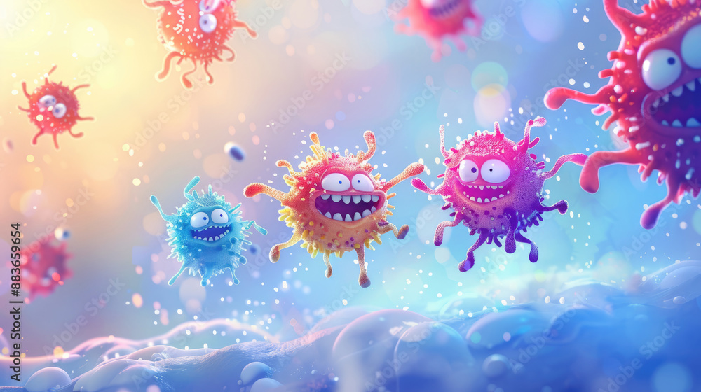 Cute colorful virus monsters. looking microscopic medical illustration of some cells floating around Cute colorful virus monsters. looking microscopic medical illustration of some cells floating around