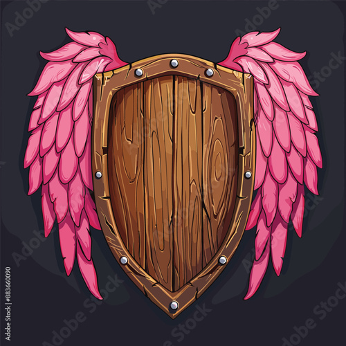 Wooden shield with pink angel wings, medieval fantasy armor design.  