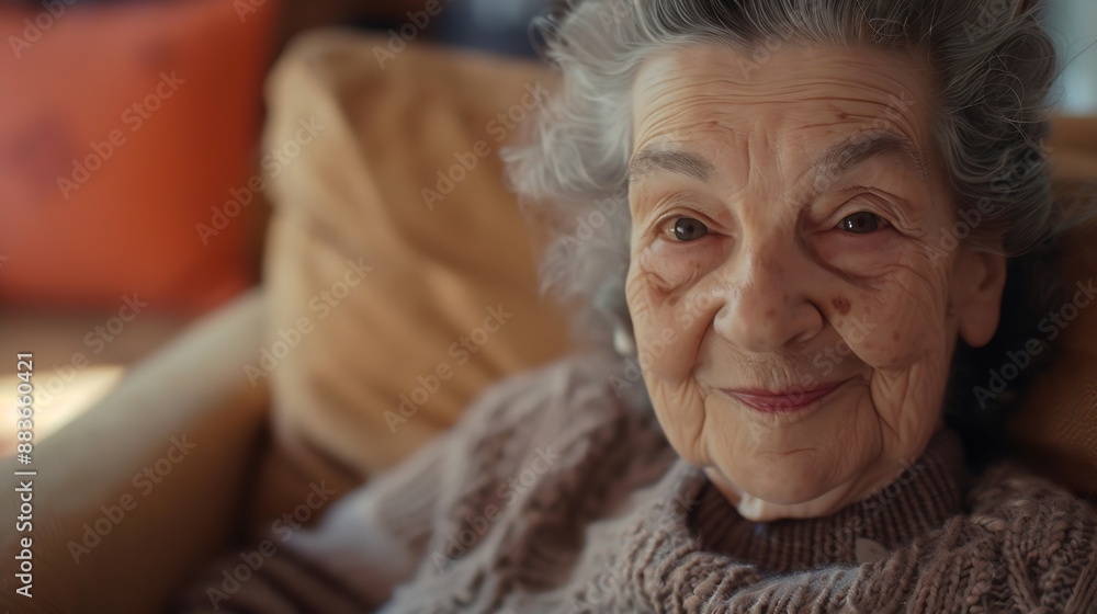Closeup of beautiful elderly woman pretty charmingly smile looking at camera Close up of attractive old aged female sit on couch in cozy living room Senior Lifestyle Concept : Generative AI Closeup of beautiful elderly woman pretty charmingly smile looking at camera Close up of attractive old aged female sit on couch in cozy living room Senior Lifestyle Concept : Generative AI