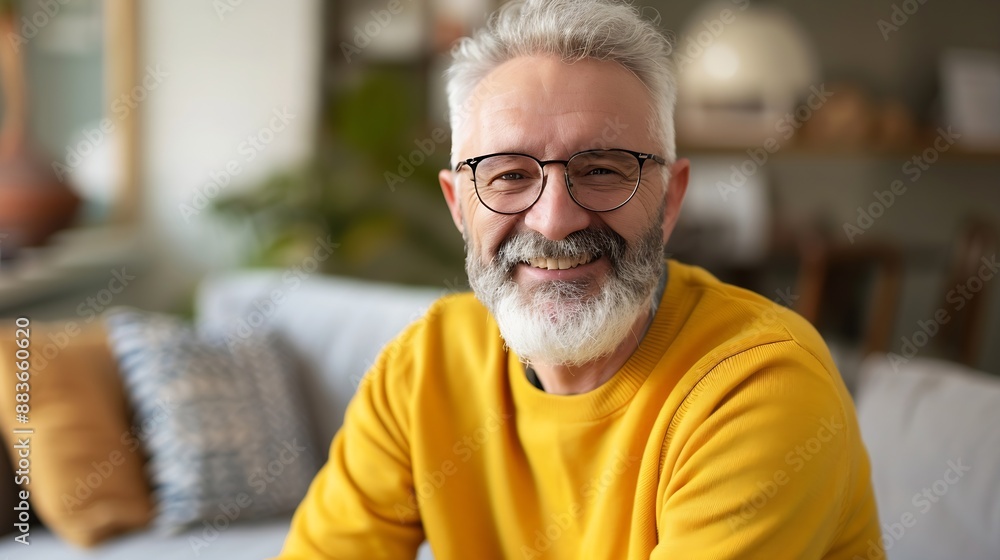 Portrait of one senior man with beard and gray hair wear eyeglasses happy smile positive emotion copy space standing at home indoor yellow sweater : Generative AI Portrait of one senior man with beard and gray hair wear eyeglasses happy smile positive emotion copy space standing at home indoor yellow sweater : Generative AI