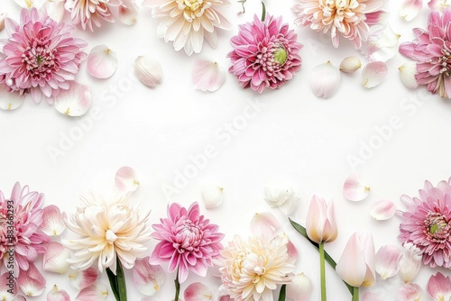 Floral beauty pink and white flowers arranged on white surface with space for text