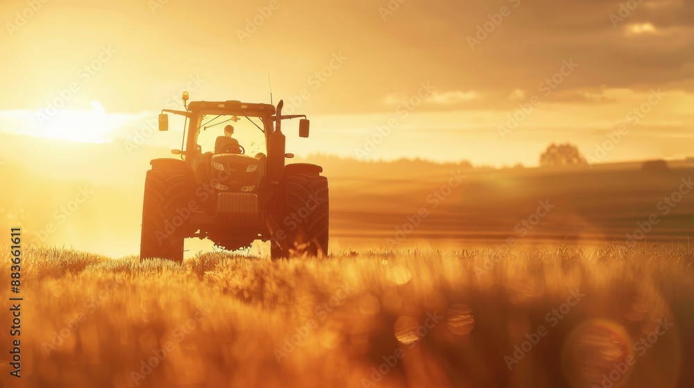 Fototapeta premium Farmland with tractor close up, focus on, copy space Cultivated land, Double exposure silhouette with rural work