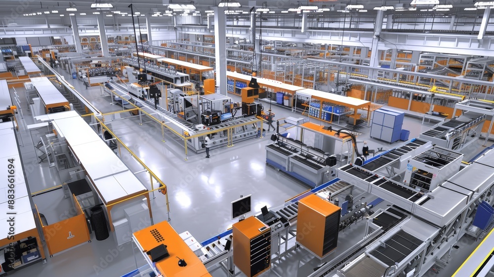 A factory implementing lean manufacturing techniques, with visual management tools and continuous improvement processes. A factory implementing lean manufacturing techniques, with visual management tools and continuous improvement processes.