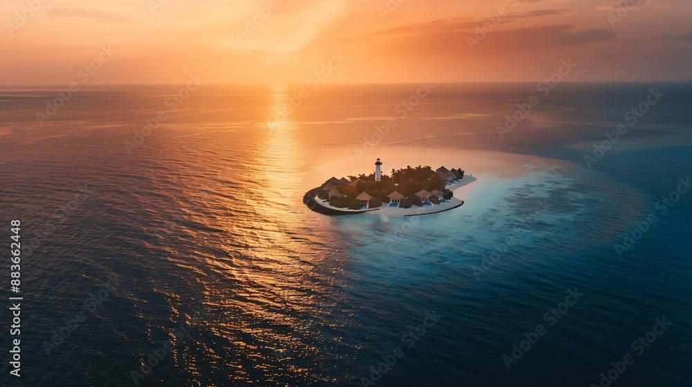 Fototapeta premium Aerial view of a lighthouse of a luxury resort with bungalows on a small island at sunset Laccadive Sea Indian Ocean Maldives archipelagos : Generative AI