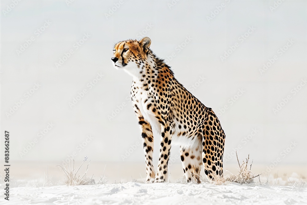 Fototapeta premium a cheetah standing in the middle of a snowy field