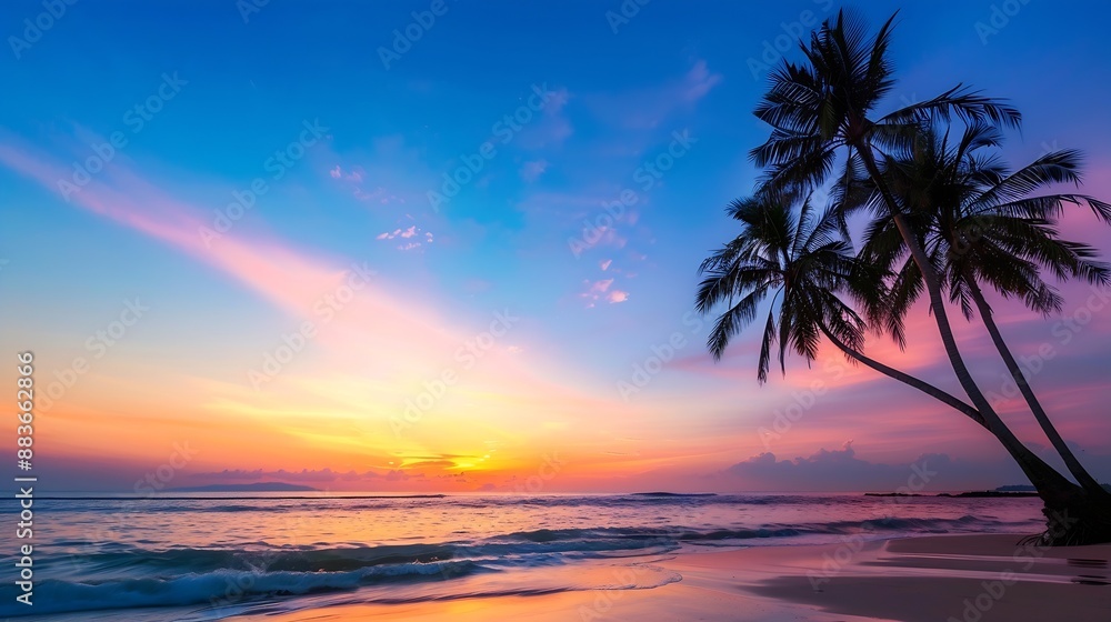 Serene beauty of Balis beach at sunset where the sky is painted in warm hues of orange pink and blue Palm trees silhouette against the vibrant sky creating a tranquil atmosphere : Generative AI Serene beauty of Balis beach at sunset where the sky is painted in warm hues of orange pink and blue Palm trees silhouette against the vibrant sky creating a tranquil atmosphere : Generative AI