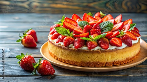 Delicious homemade cake topped with fresh strawberries , dessert, pastry, sweet, confectionery, baked goods, treat, celebration