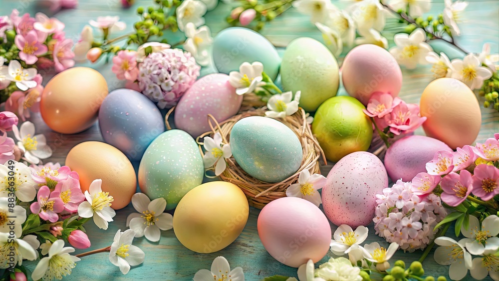 Close up of pastel colored Easter eggs surrounded by fresh spring flowers, Easter, eggs, flowers, spring, pastel Close up of pastel colored Easter eggs surrounded by fresh spring flowers, Easter, eggs, flowers, spring, pastel