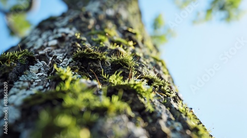 A tree trunk with moss on it and a sky background High quality photo : Generative AI photo