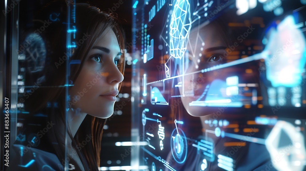 Woman futuristic hologram and UX technology with an abstract iot digital transformation network IT girl doing big data analytics telecommunication overlay and online crypto blockchain : Generative AI Woman futuristic hologram and UX technology with an abstract iot digital transformation network IT girl doing big data analytics telecommunication overlay and online crypto blockchain : Generative AI