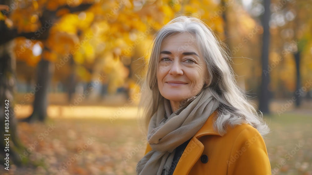 Portrait of beautiful mature greyhaired woman standing in park in autumn spending time on fresh air wearing warm comfy coat Cute happy senior female looking at camera smiling Fall conc : Generative AI Portrait of beautiful mature greyhaired woman standing in park in autumn spending time on fresh air wearing warm comfy coat Cute happy senior female looking at camera smiling Fall conc : Generative AI