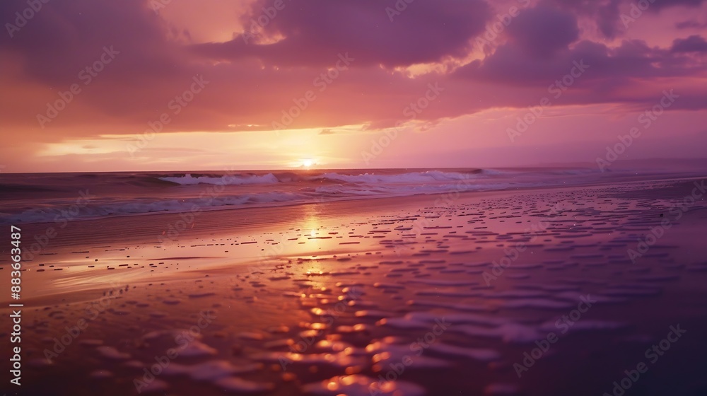 Fototapeta premium Capture the mesmerizing beauty of a beach sunset with this stunning photograph As the sun dips below the horizon the sky is painted in a breathtaking palette of warm oranges pinks and : Generative AI