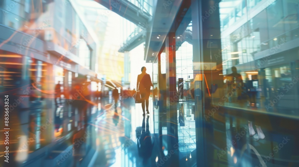 Fototapeta premium Modern shopping mall interior close up, focus on, copy space Stylish decor, Double exposure silhouette with consumerism