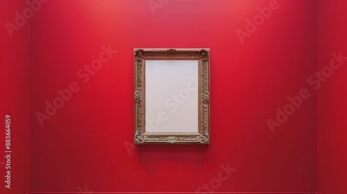 Antique art fair gallery frame on royal red wall at auction house or museum exhibition blank template with empty white copyspace for mockup design artwork concept : Generative AI