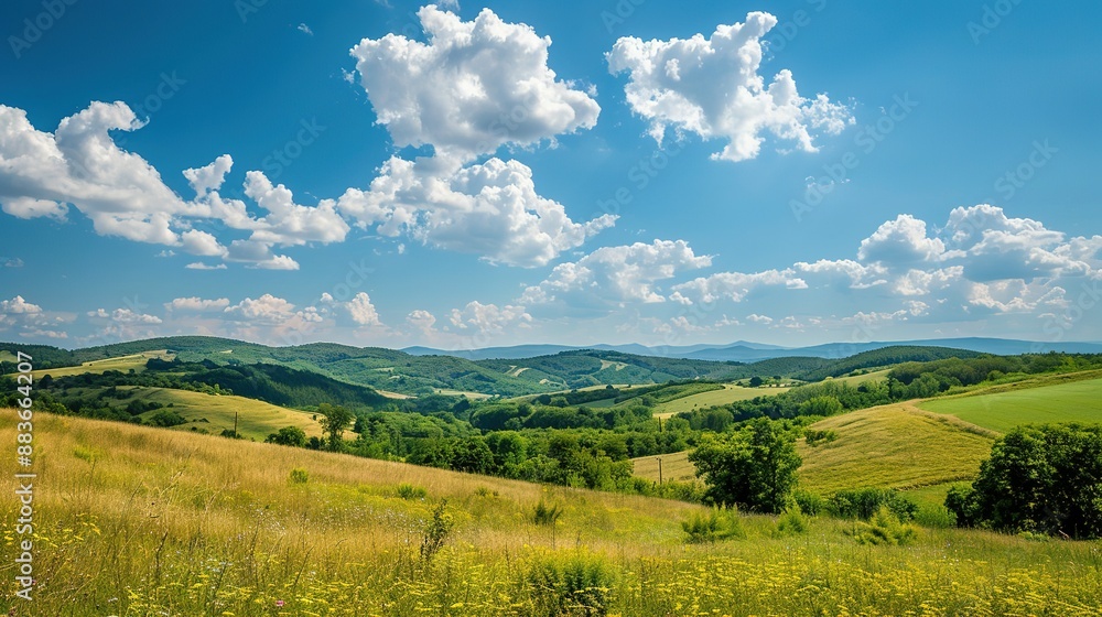 Scenic view of green hills and blue sky with white clouds Scenic view of green hills and blue sky with white clouds